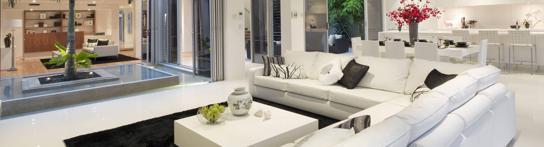 Living room at night with white colour scheme