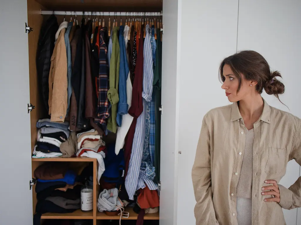 A woman about to declutter her rental property wardrobe