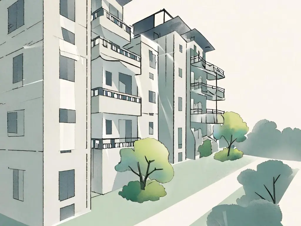 A watercolour painting of an apartment complex